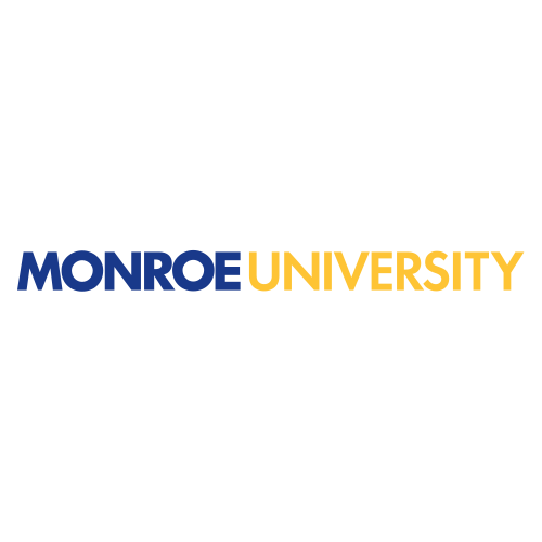 Monroe University logo with a blue and yellow color scheme.