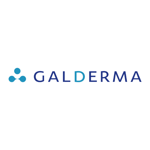 Galderma logo with three blue connected dots and the company name in blue.