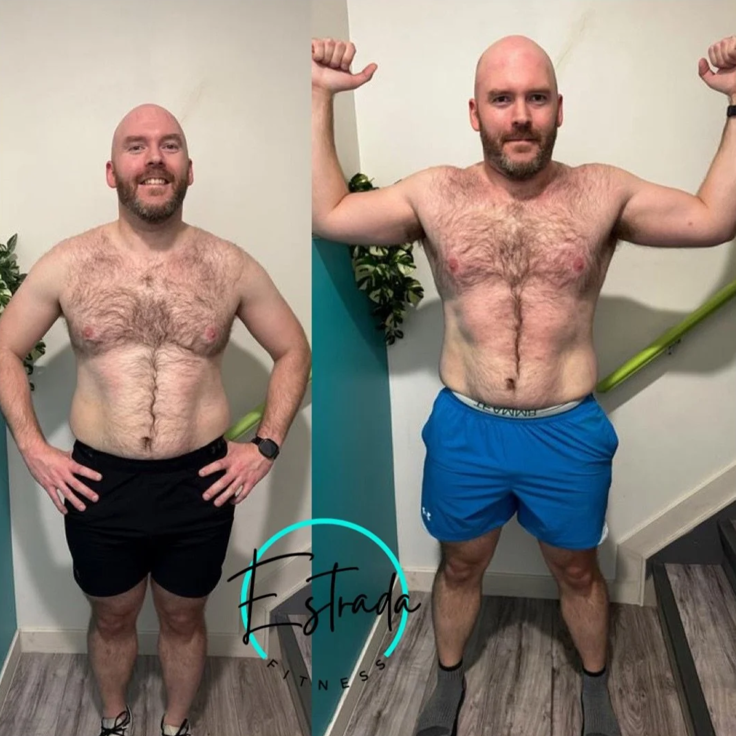 Side-by-side photos of a bald man with a beard showing before and after fitness transformation. In the before photo, he is wearing black shorts and standing with hands on hips. In the after photo, he is wearing blue shorts, flexing his arms, and showing muscle definition.