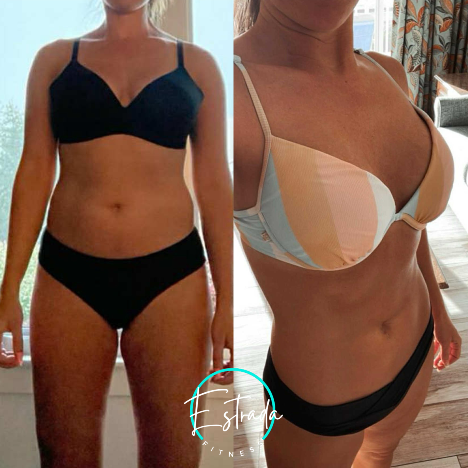 Comparison of a woman's torso in a dark sports bra and shorts versus a light-colored sports bra and shorts, showing muscle tone and body form.