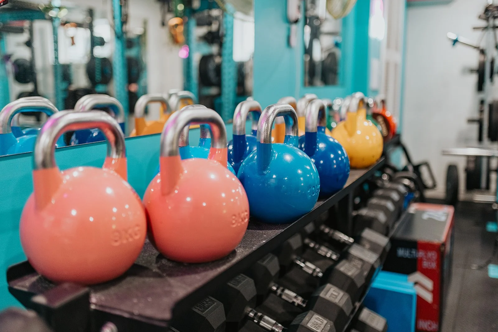 Colorful kettlebells arranged on a rack in a gym.