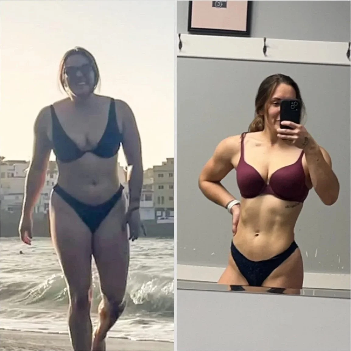 Side-by-side comparison of a woman in a bikini. On the left, she is walking on the beach with buildings in the background, and on the right, she is taking a mirror selfie indoors, both showing her toned physique.
