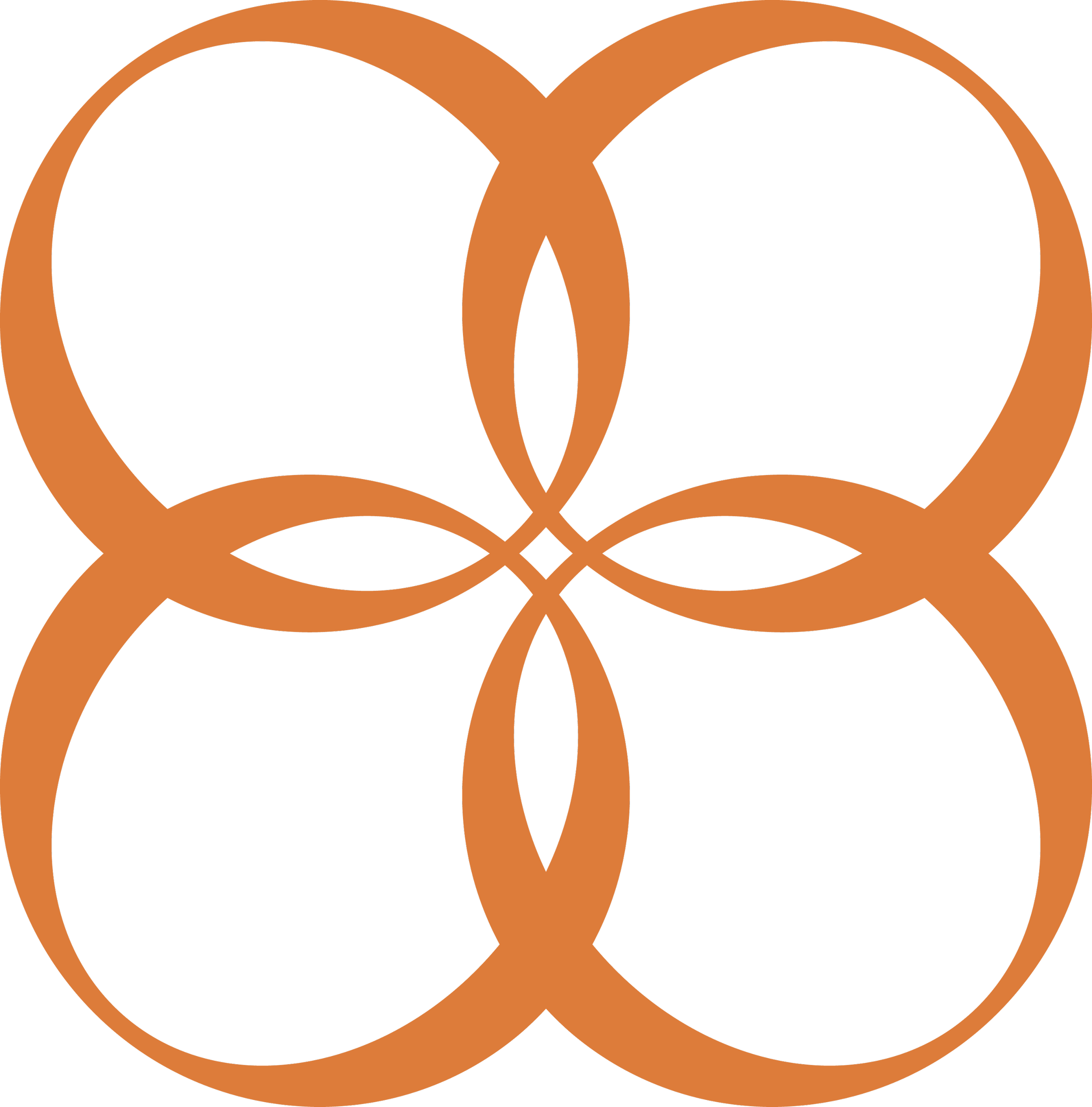 Overlapping orange circles forming a symmetrical pattern on a black background.