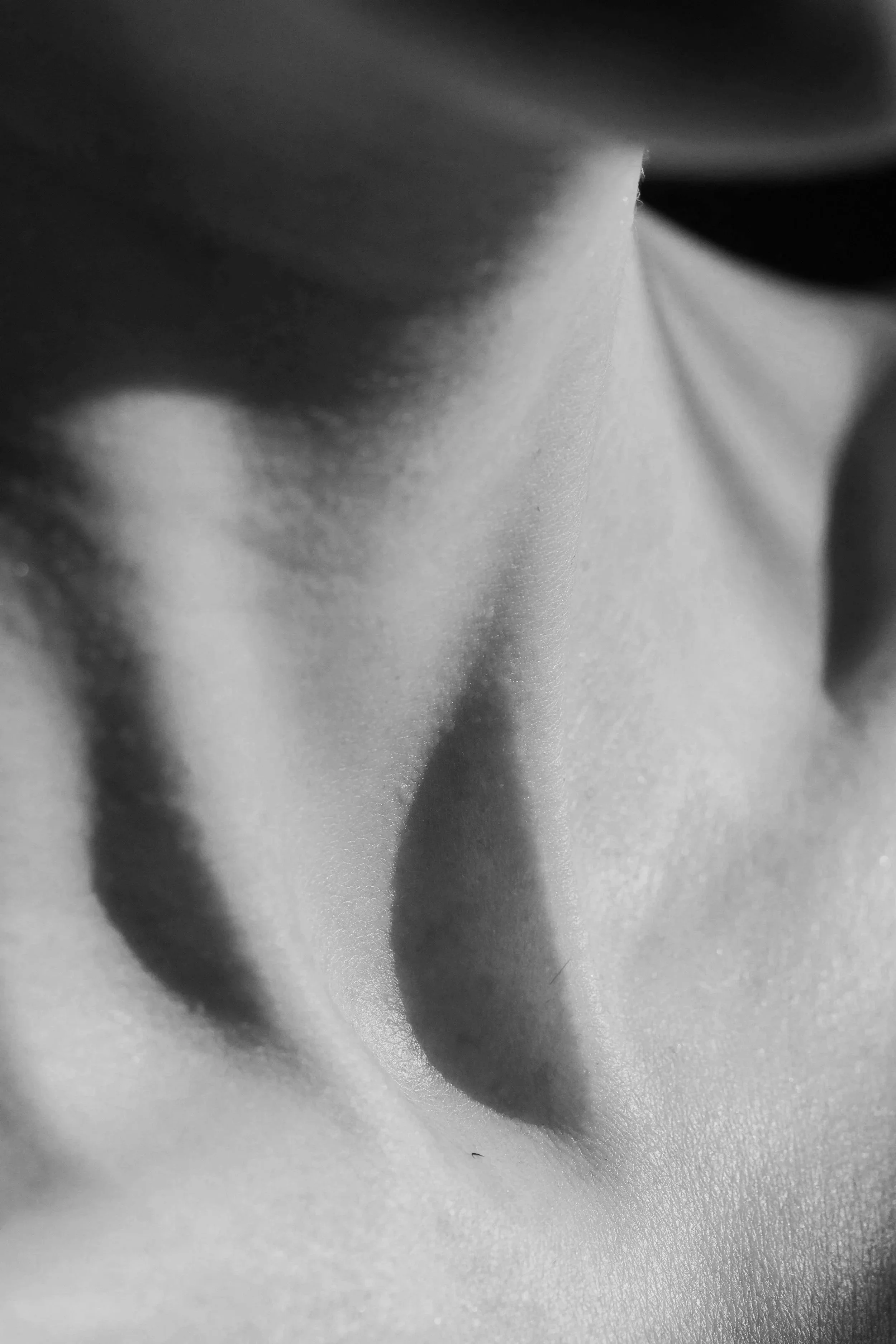 Close-up black and white photograph of a human chest and neck, focusing on the skin texture and shadows.