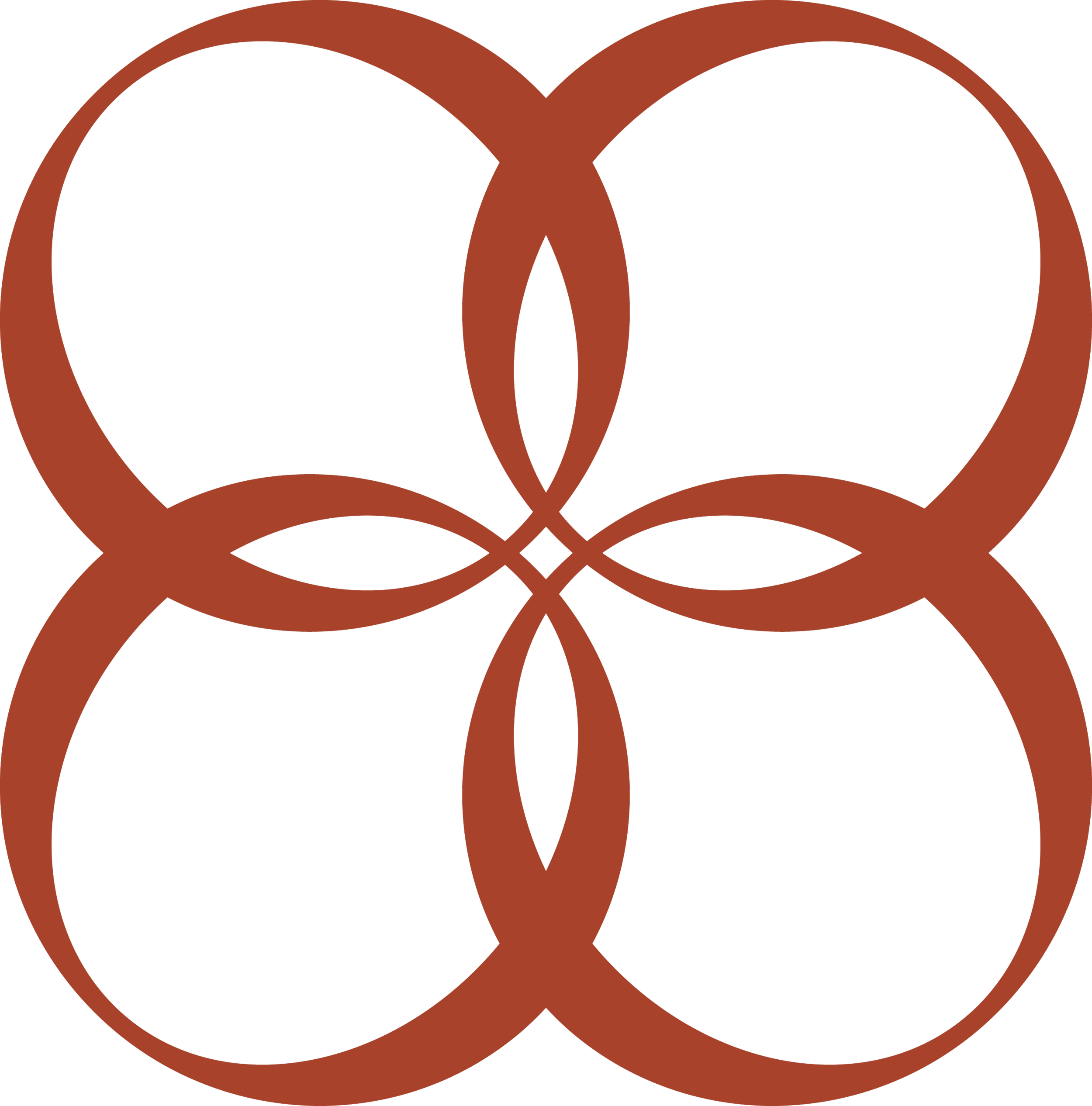 A geometric design with four overlapping circles in brown on a black background.