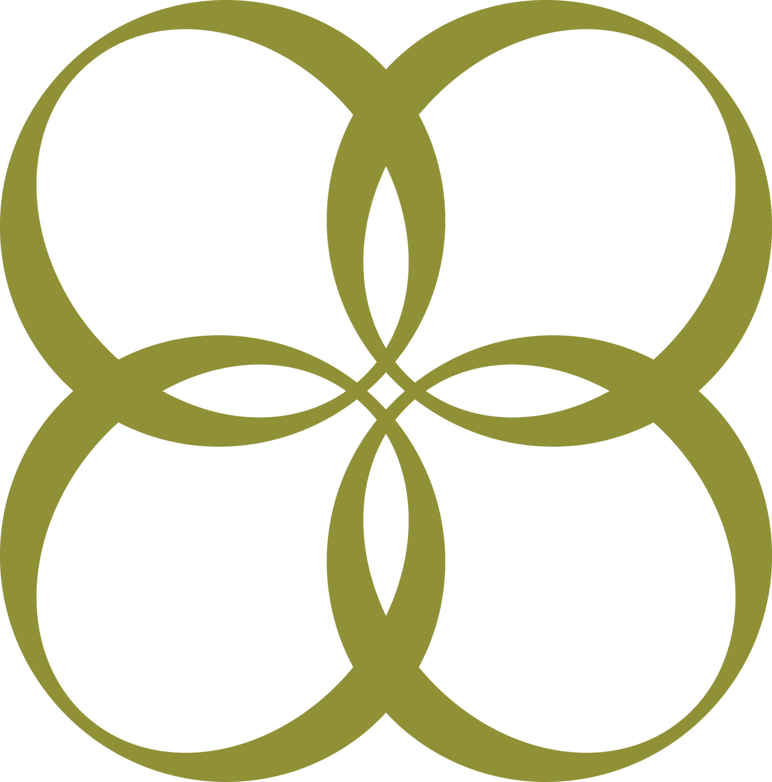 A geometric pattern with overlapping olive-green circles on a black background