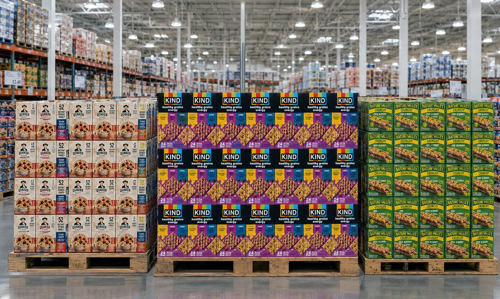 Stacked boxes of Quaker cereal, KIND healthy grains snack bars, and Nature Valley crunch cereal bars on pallets in a warehouse store aisle.