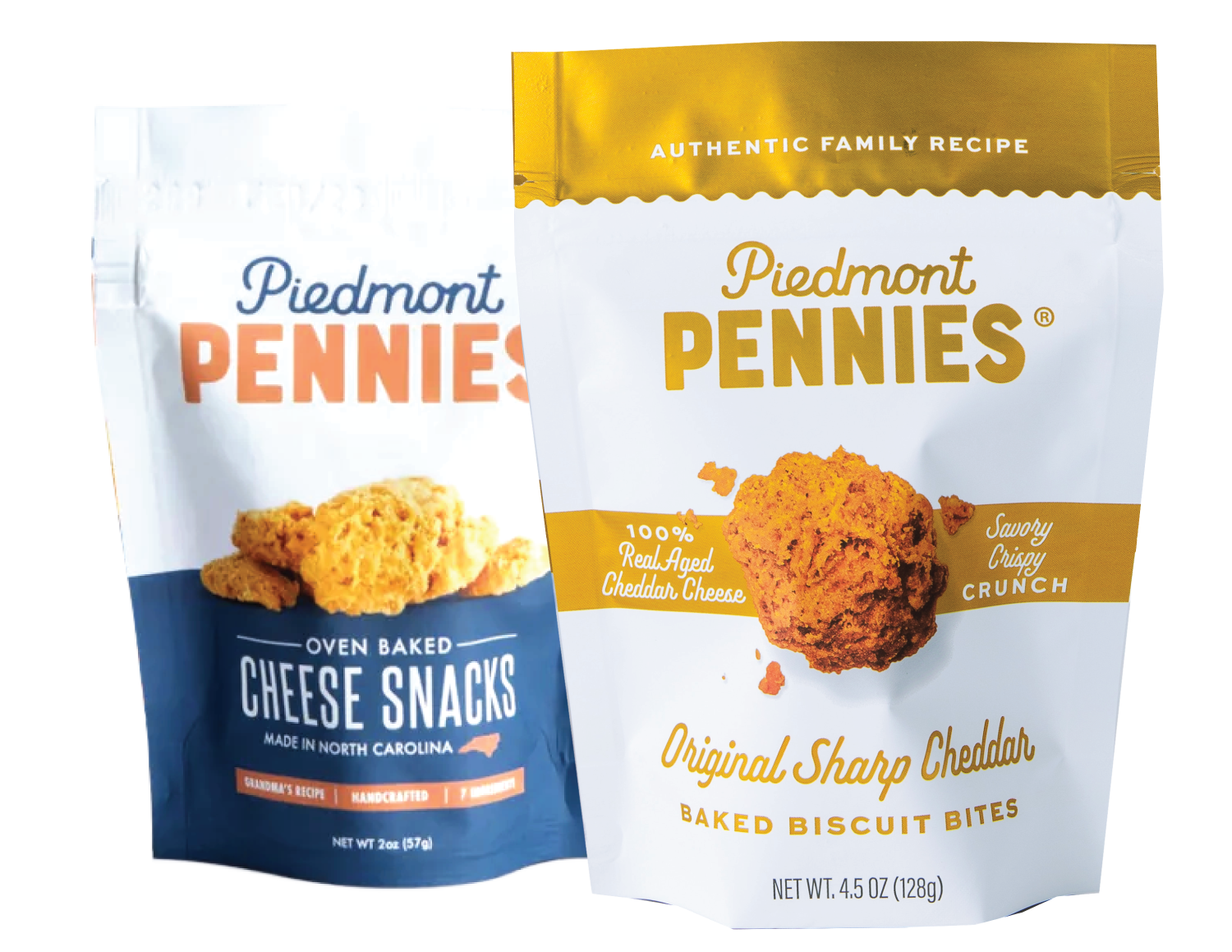 Two bags of Piedmont Pennies snack foods, one labeled oven baked cheese snacks and the other original sharp cheddar baked biscuit bites, both featuring images of cheese-flavored snacks on the front.