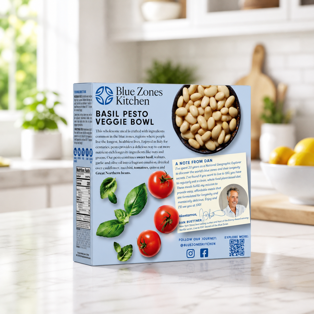 Box of Blue Zones Kitchen basil pesto veggie bowl with images of basil and tomatoes on the front.