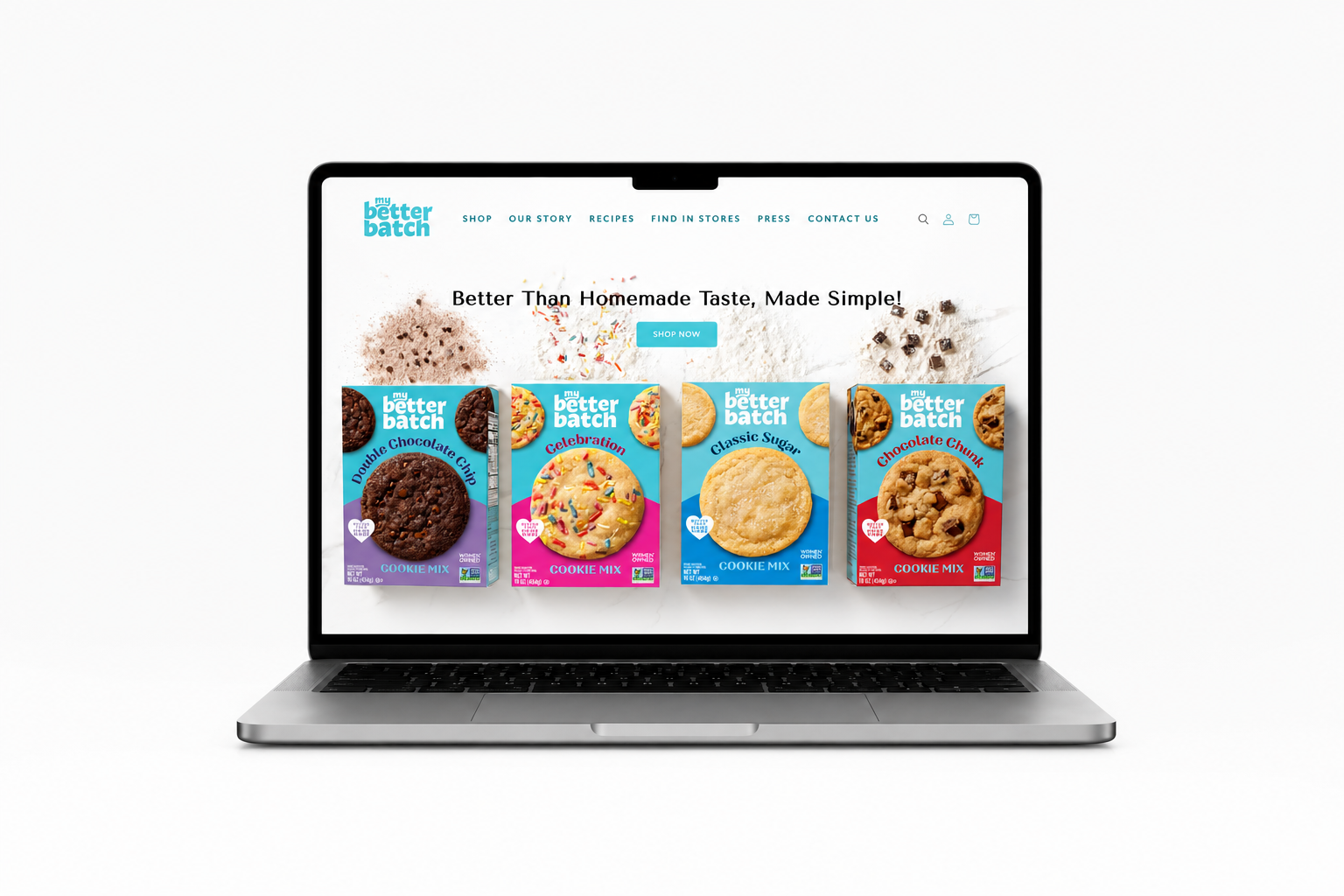 Laptop displaying a website for My Better Batch with cookie product packages on the homepage.