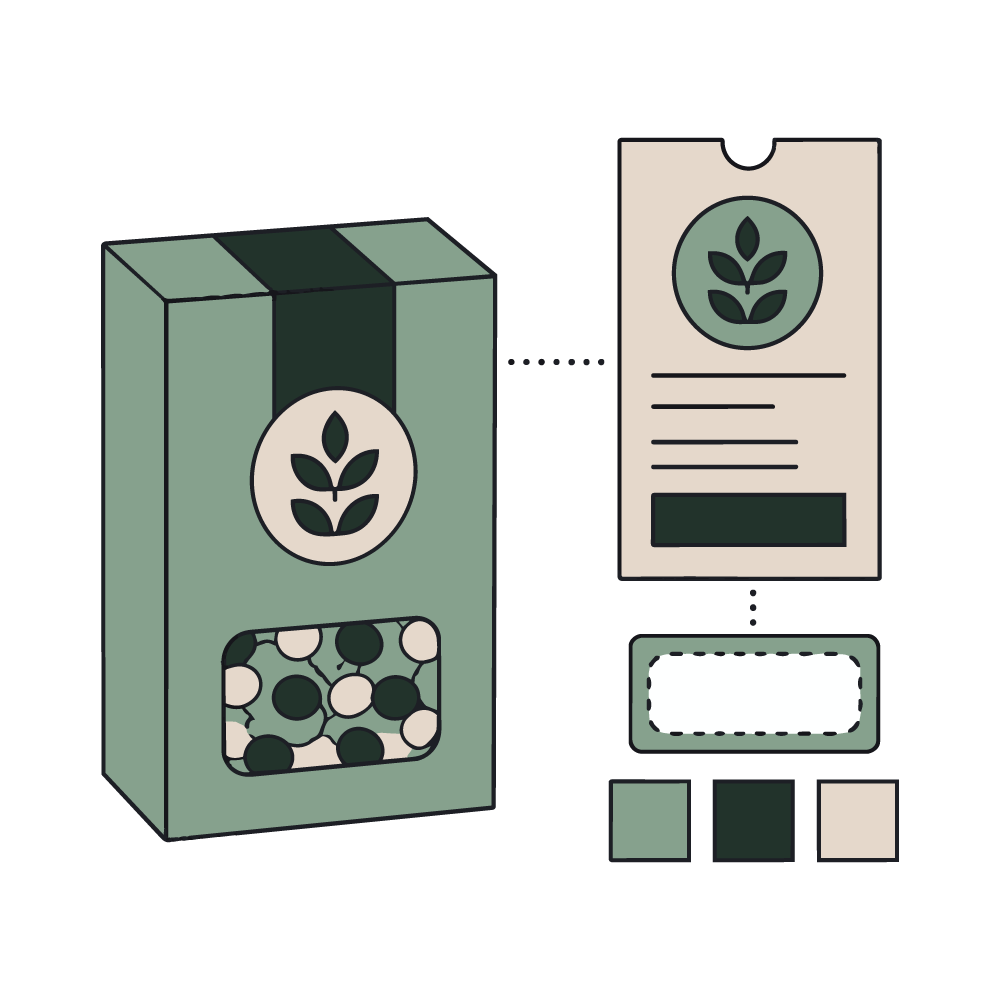 A graphic illustration of a product package with a leaf icon, a label with a leaf symbol, a smaller label sample, and three color swatches.
