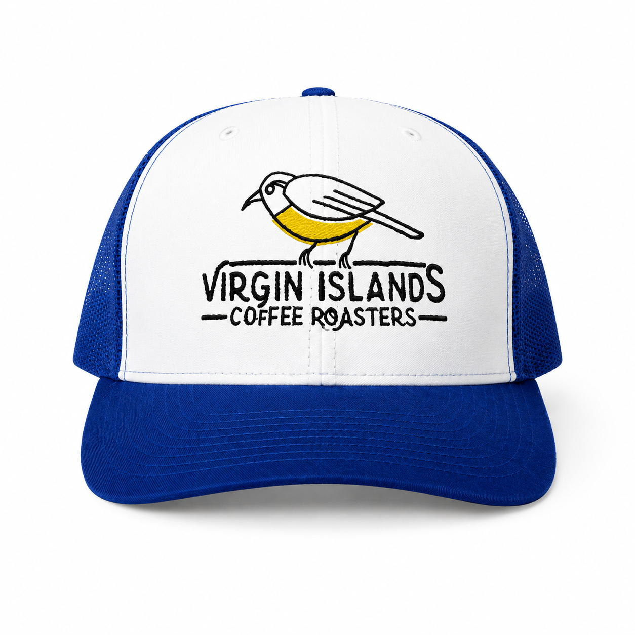 Blue and white trucker hat with embroidered logo of a bird and the text "Virgin Islands Coffee Roasters."