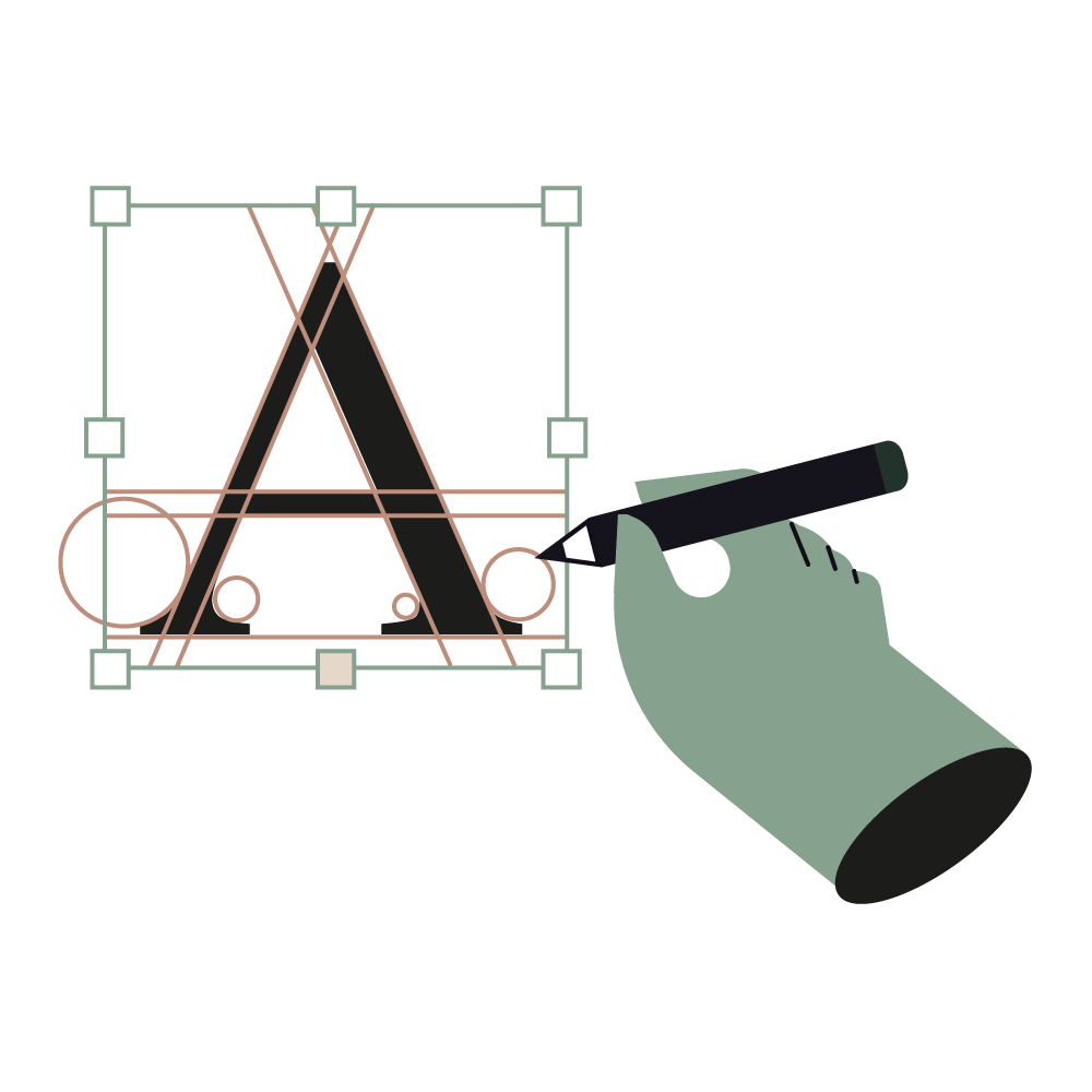 A hand drawing geometric shapes on a digital interface, including lines, circles, and squares, with a stylus.
