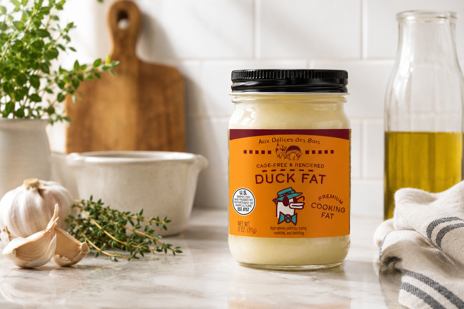 Jar of duck fat on kitchen countertop with garlic, herbs, cutting board, and oil in the background.