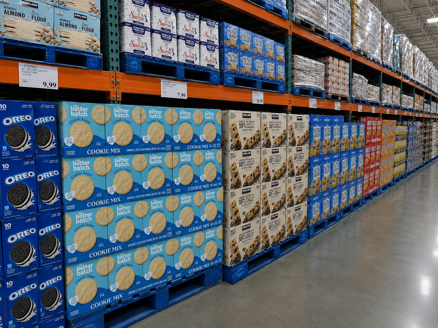 Aisle in a grocery store with shelves stocked with cookie and snack boxes, including Oreo cookies, Better Batch cookie mix, and Soft & Chewy cookie bars.