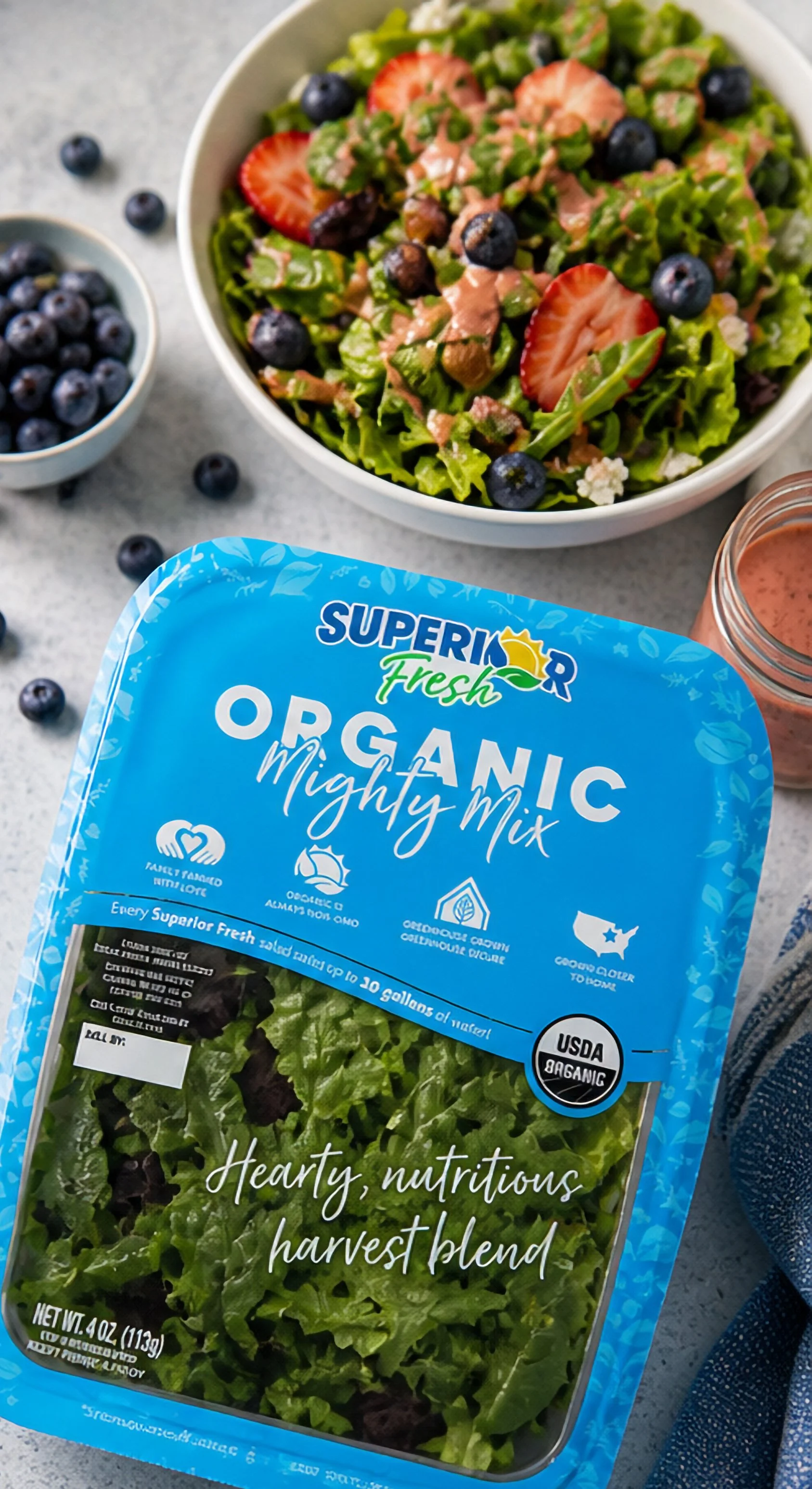 Fresh organic harvest blend salad with strawberries, blueberries, greens, and dressing in a bowl, beside a container of organic salad mix and a jar of dressing.