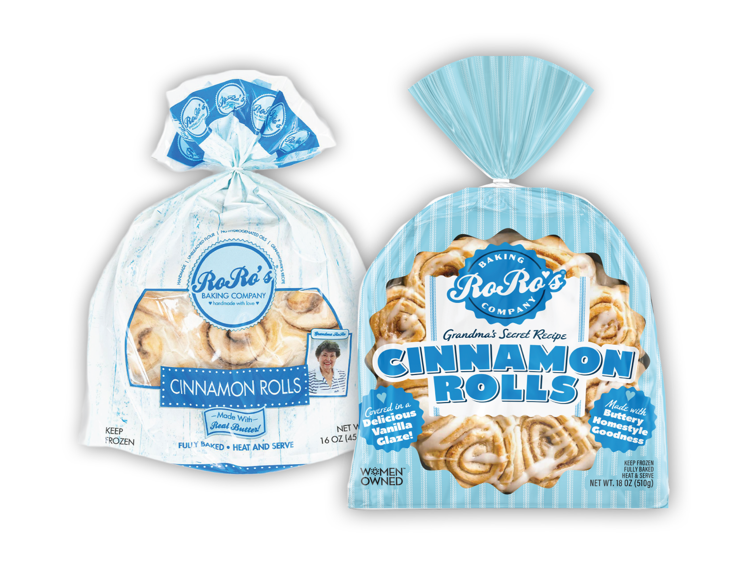 Two bags of cinnamon rolls from RoRo's Baking Company, one with a blue and white design and the other featuring a clear window and branding for Grandma's Secret Recipe cinnamon rolls.