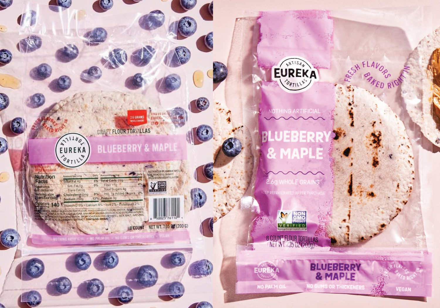 Packaging of Eureka blueberry and maple flour tortillas with blue berries scattered around.