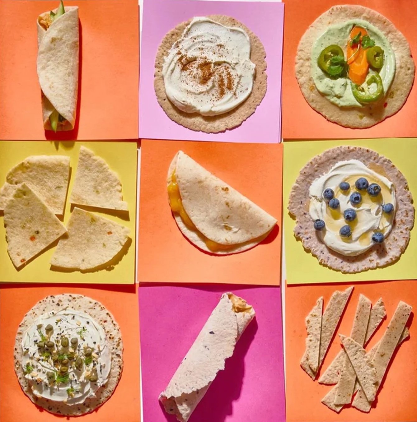 Assorted Mexican food items on colorful backgrounds, including a burrito, various types of tacos, tortilla chips, a taco salad bowl, and a dessert taco with whipped cream and blueberries.