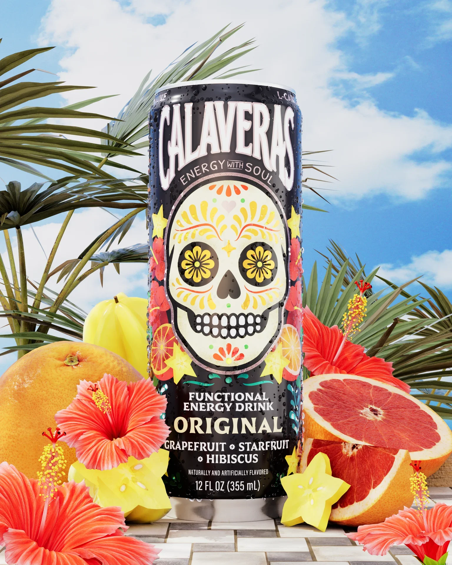 A can of Galactic energy drink with a sugar skull design on it, surrounded by tropical fruits like grapefruit, starfruit, yellow apple, and hibiscus flowers, against a blue sky with clouds.