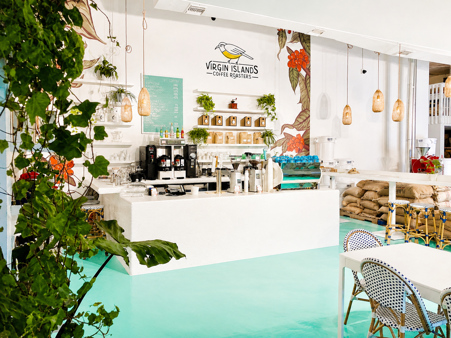 Interior of a bright coffee shop with a white counter, coffee machines, shelves with coffee bags, and seating area. Green plants and hanging lights decorate the space. The sign reads 'Virgin Islands Coffee Roasters'.
