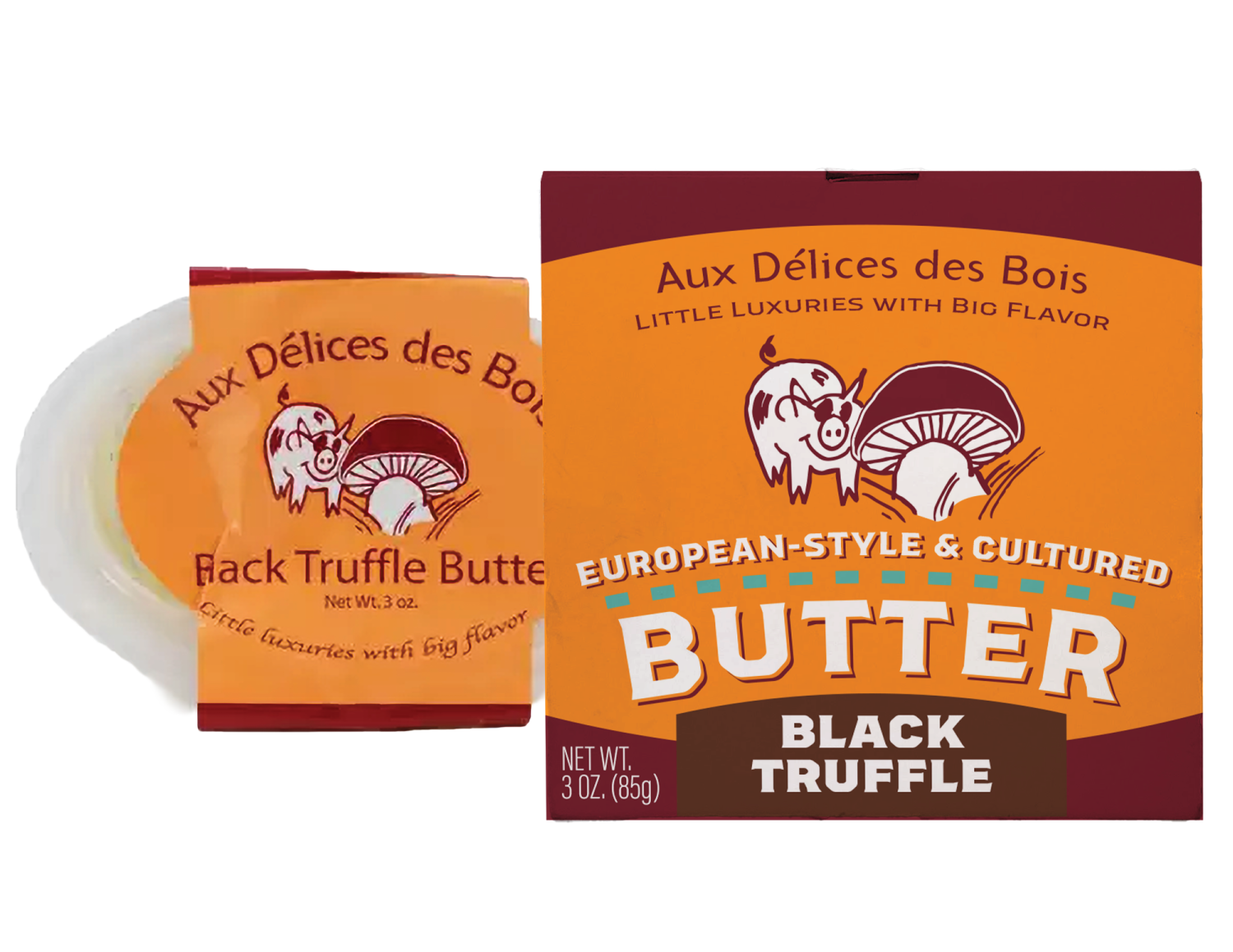 Package of Aux Délices des Bois black truffle butter with a pig and mushroom illustration on the label.