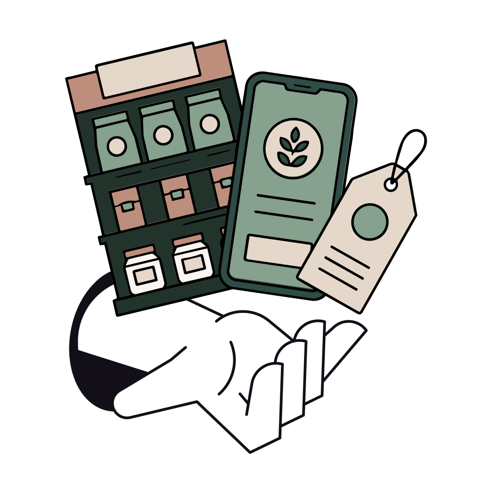 Illustration of a hand holding a green box with snacks, a green smartphone with a plant icon on the screen, and a price tag. Black background.