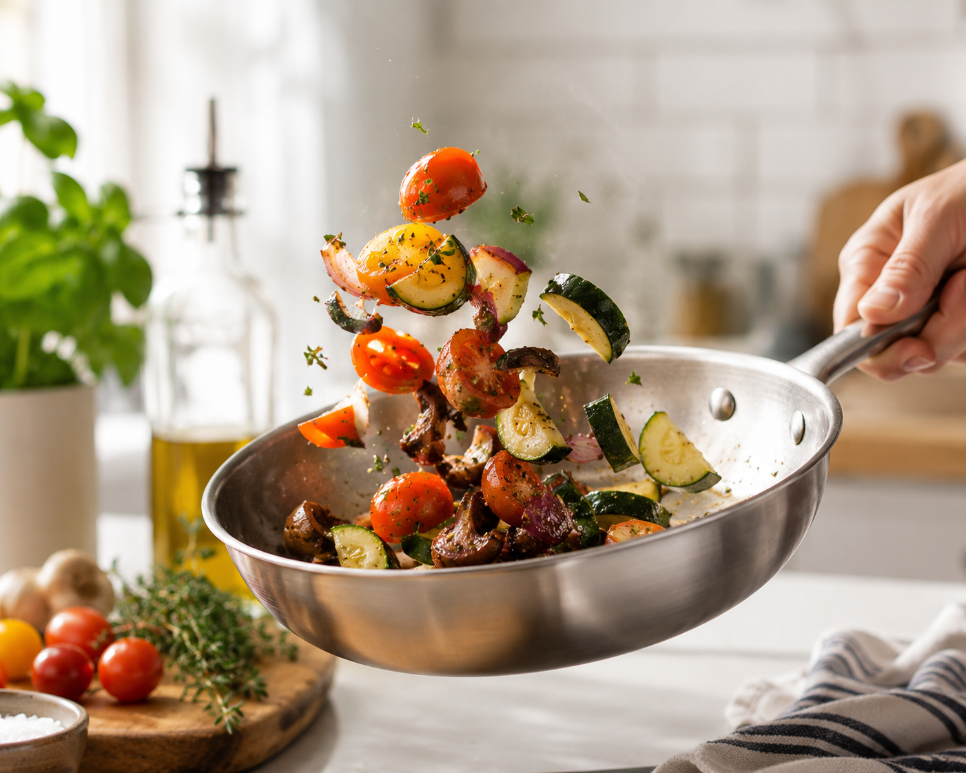 Person tossing chopped vegetables, including tomatoes, zucchini, mushrooms, and onions, in a skillet in a bright kitchen.