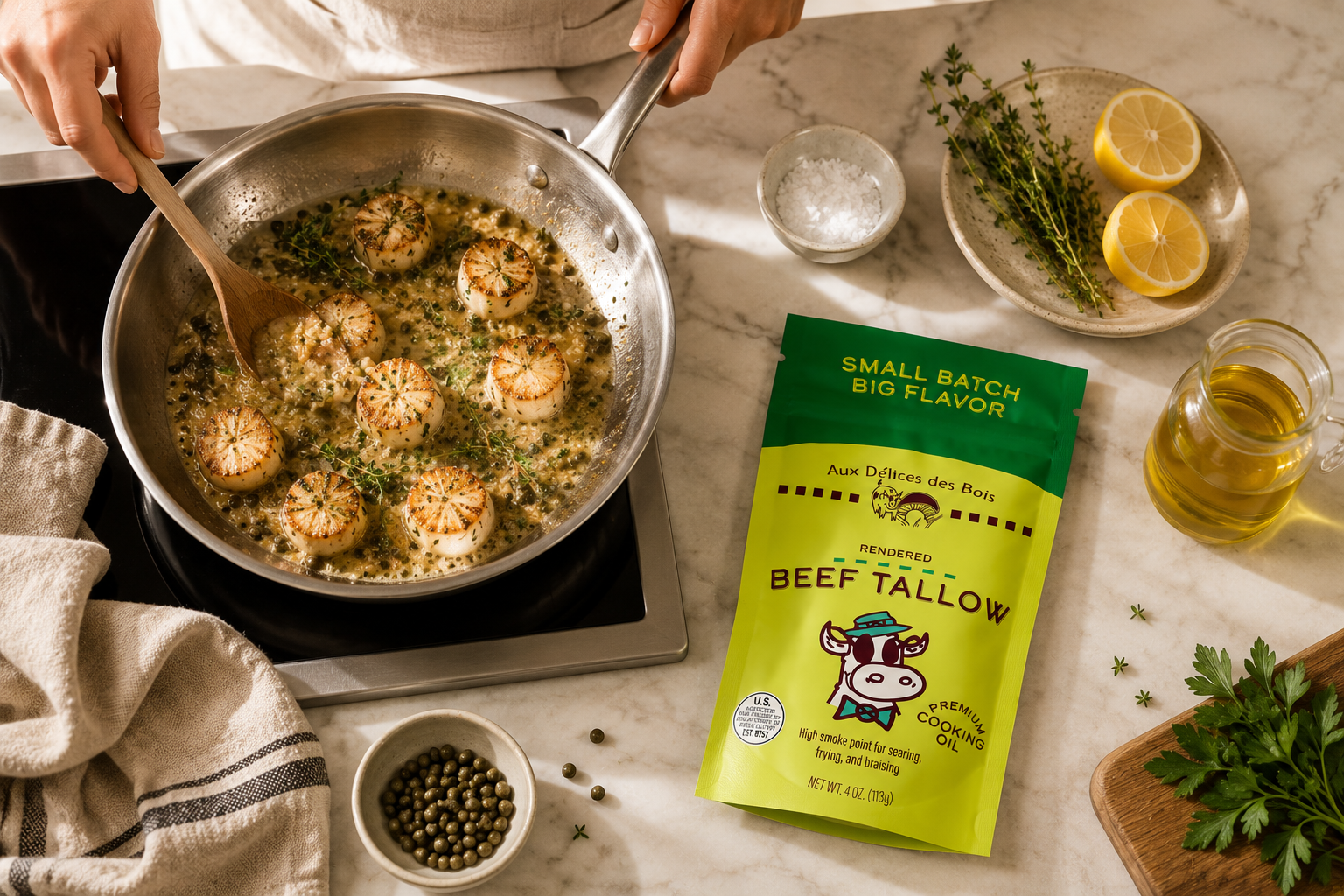 Cooking scallops in a skillet with herbs and garlic, surrounded by ingredients like peppercorns, lemon, thyme, parsley, and a bag of beef tallow.