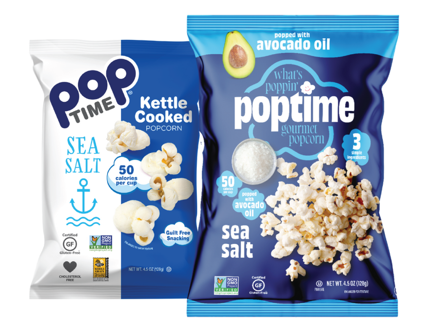 Two bags of popcorn, one labeled 'Sea Salt Kettle Cooked' and the other 'Popped with Avocado Oil' from What's Poppin' Poptime, on a white background.