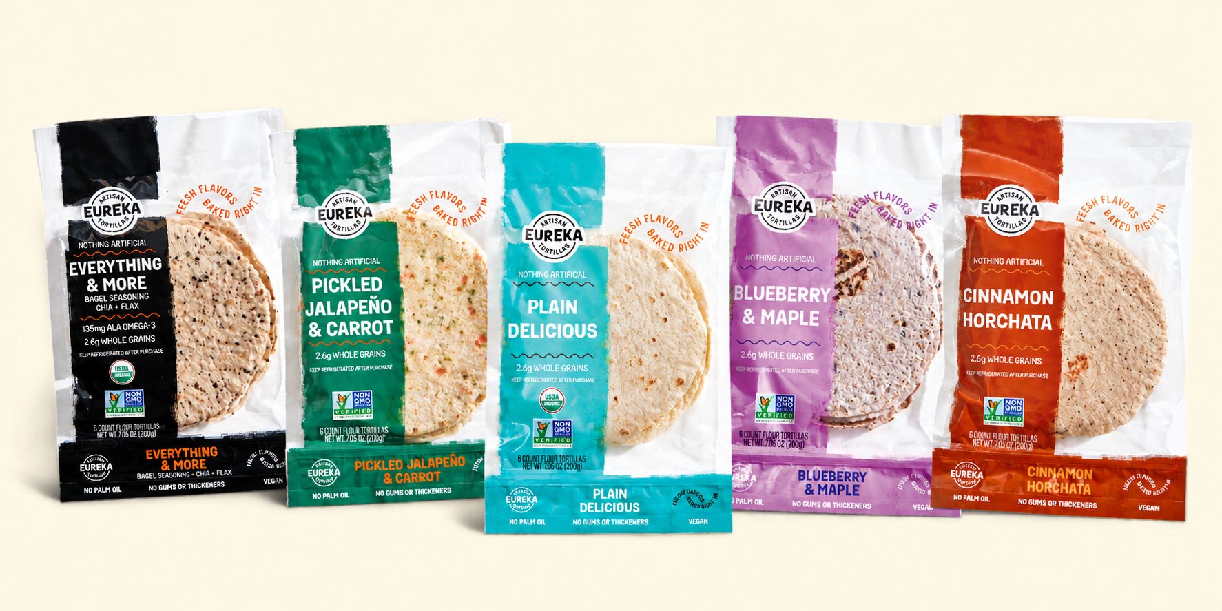 Eureka artisan tortilla and flatbread packaging lineup with product shown
