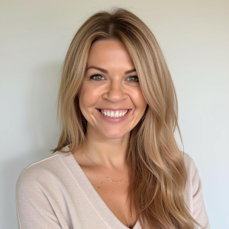 A smiling woman with blonde hair wearing a light beige top standing against a plain white background.