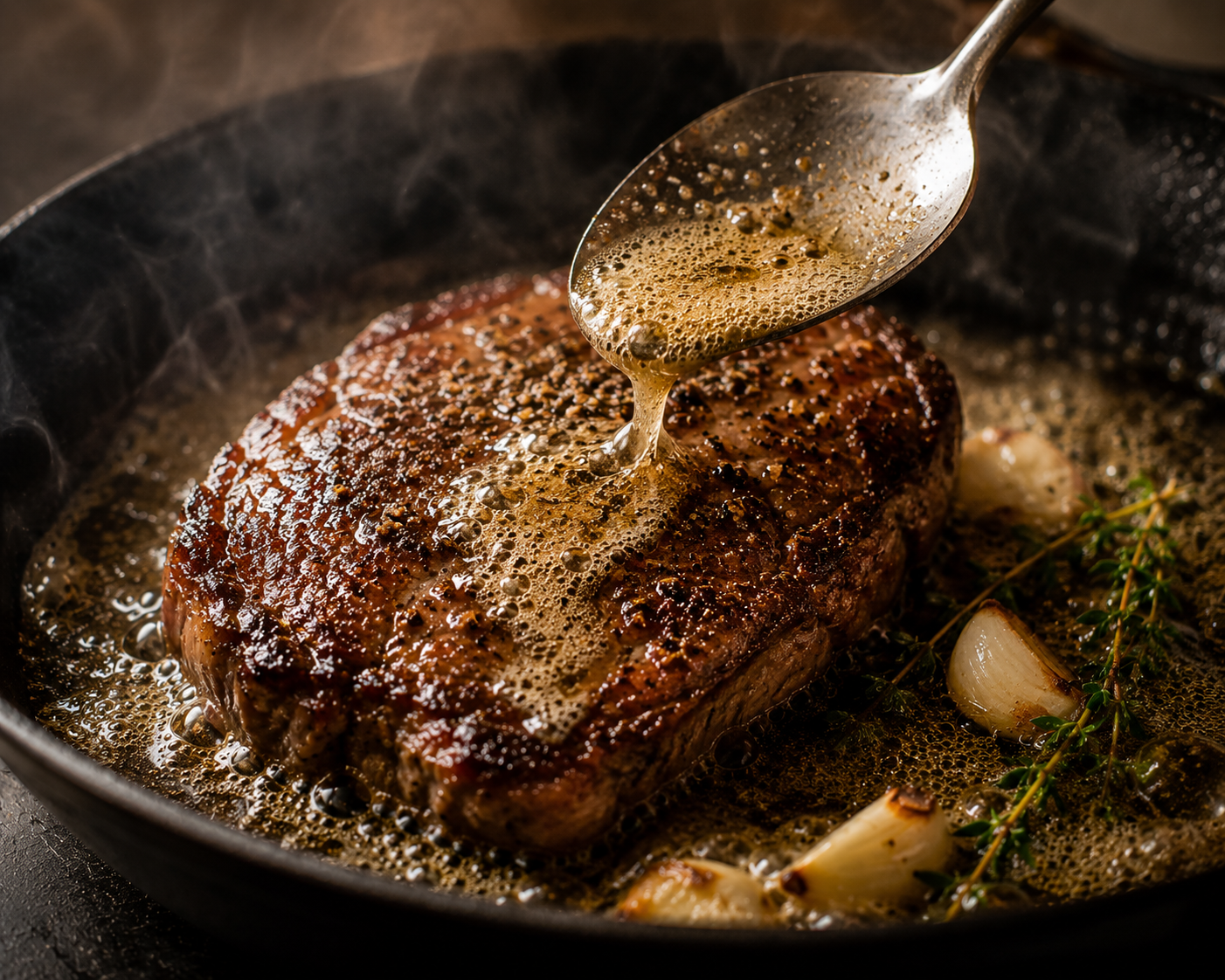 A steak being cooked in a skillet with garlic, herbs, and bubbling butter or sauce.