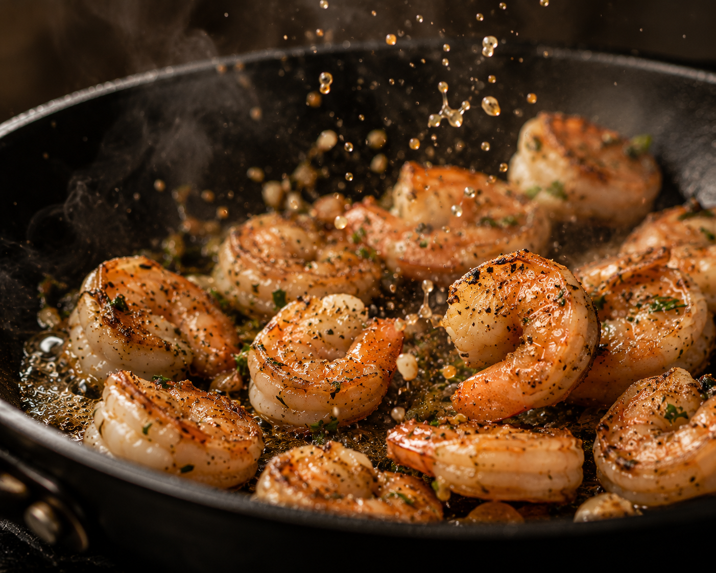 Shrimp being cooked in a black skillet with seasoning and herbs, with oil splattering.