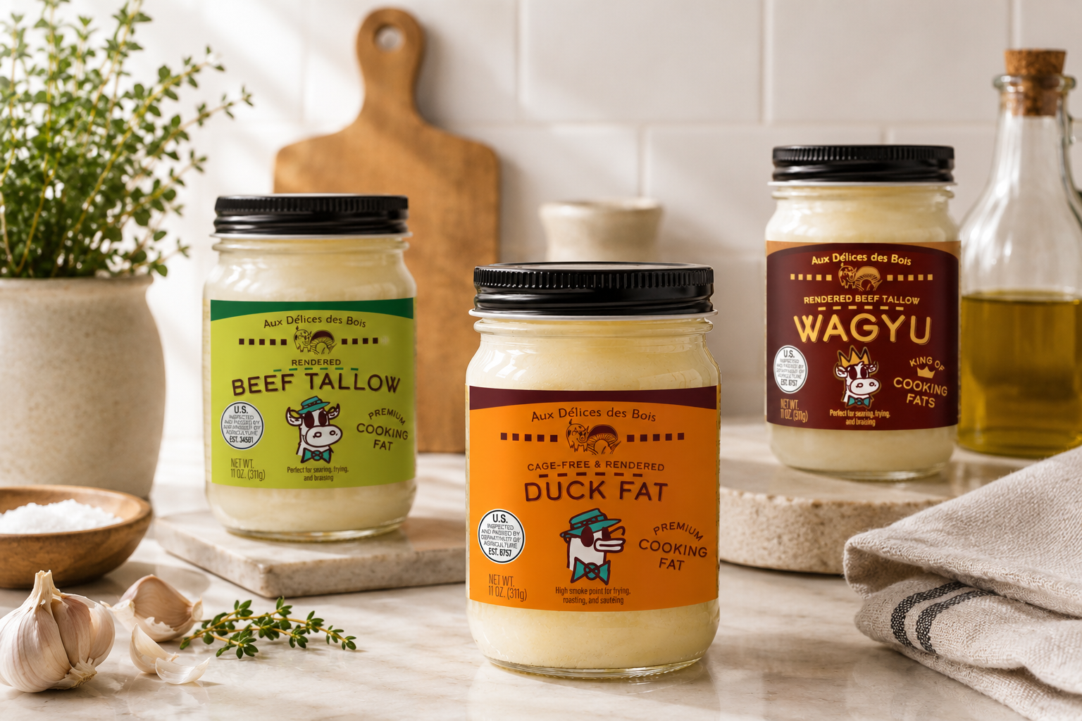 Three jars of different types of animal fat on a kitchen counter, labeled beef, duck, and wagyu fat. The jars are surrounded by garlic cloves, a small bowl of salt, and a sprig of herbs, with kitchen utensils and a bottle of olive oil in the background.