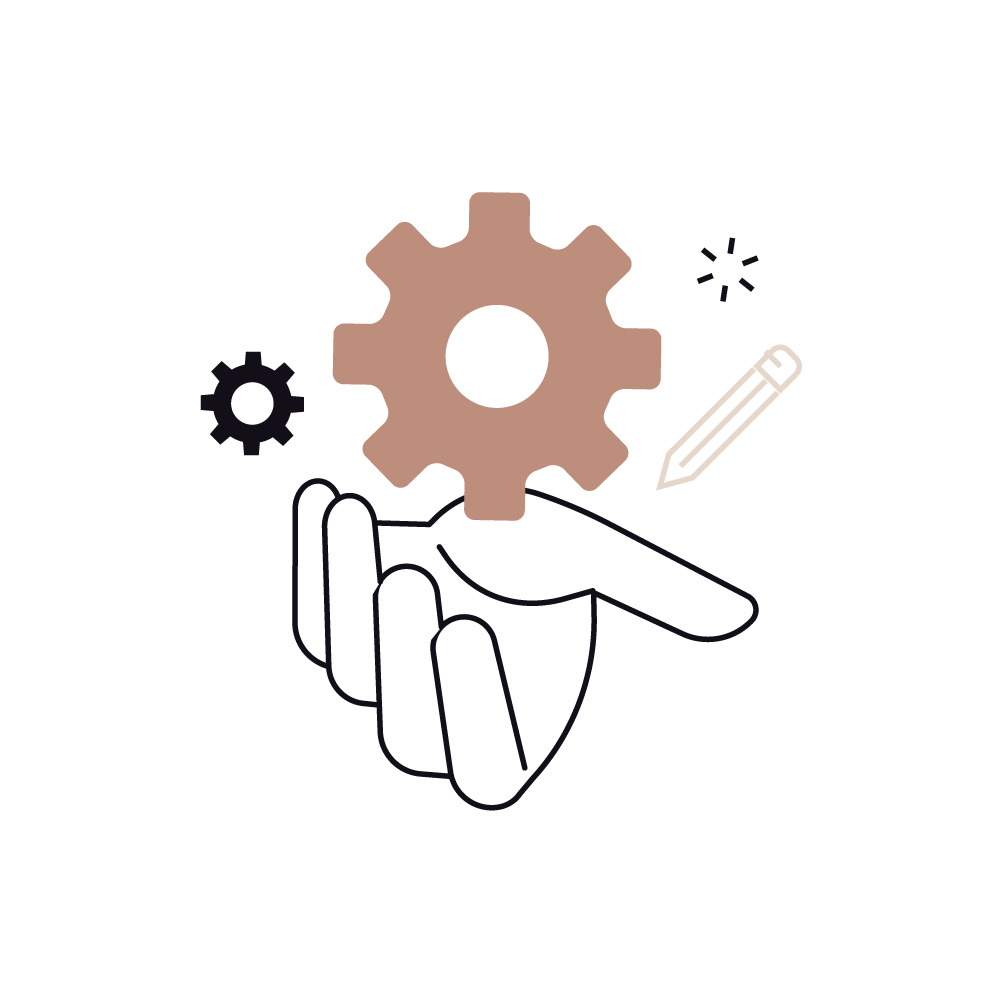 A hand holding a gear icon, with smaller gears and a pencil around it, symbolizing technical work or engineering.