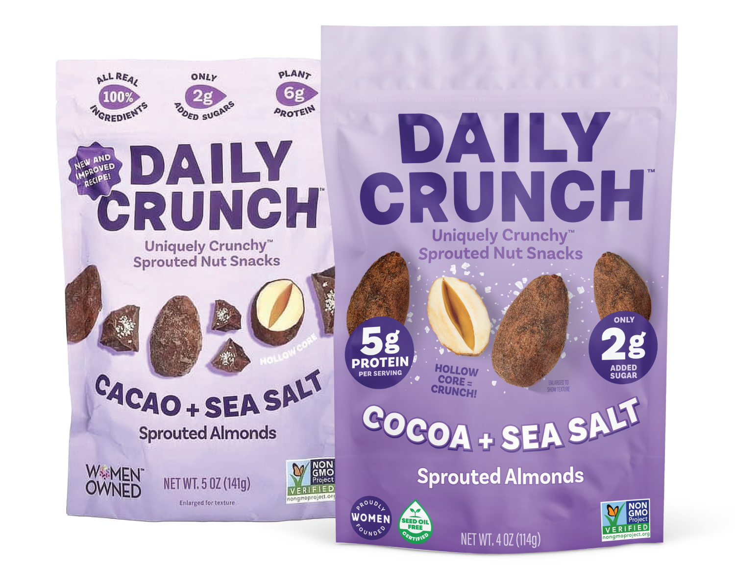 Two purple bags of Daily Crunch sprouted nut snacks with cacao and sea salt flavor, featuring images of sprouted almonds, and various labels indicating nutritional information, ingredients, and certifications.