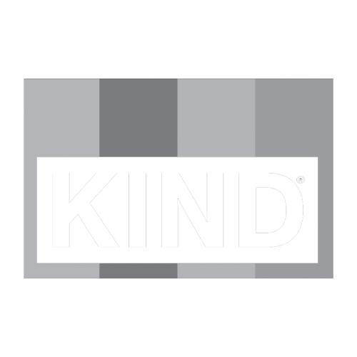 KIND logo with bold white letters on gray background.