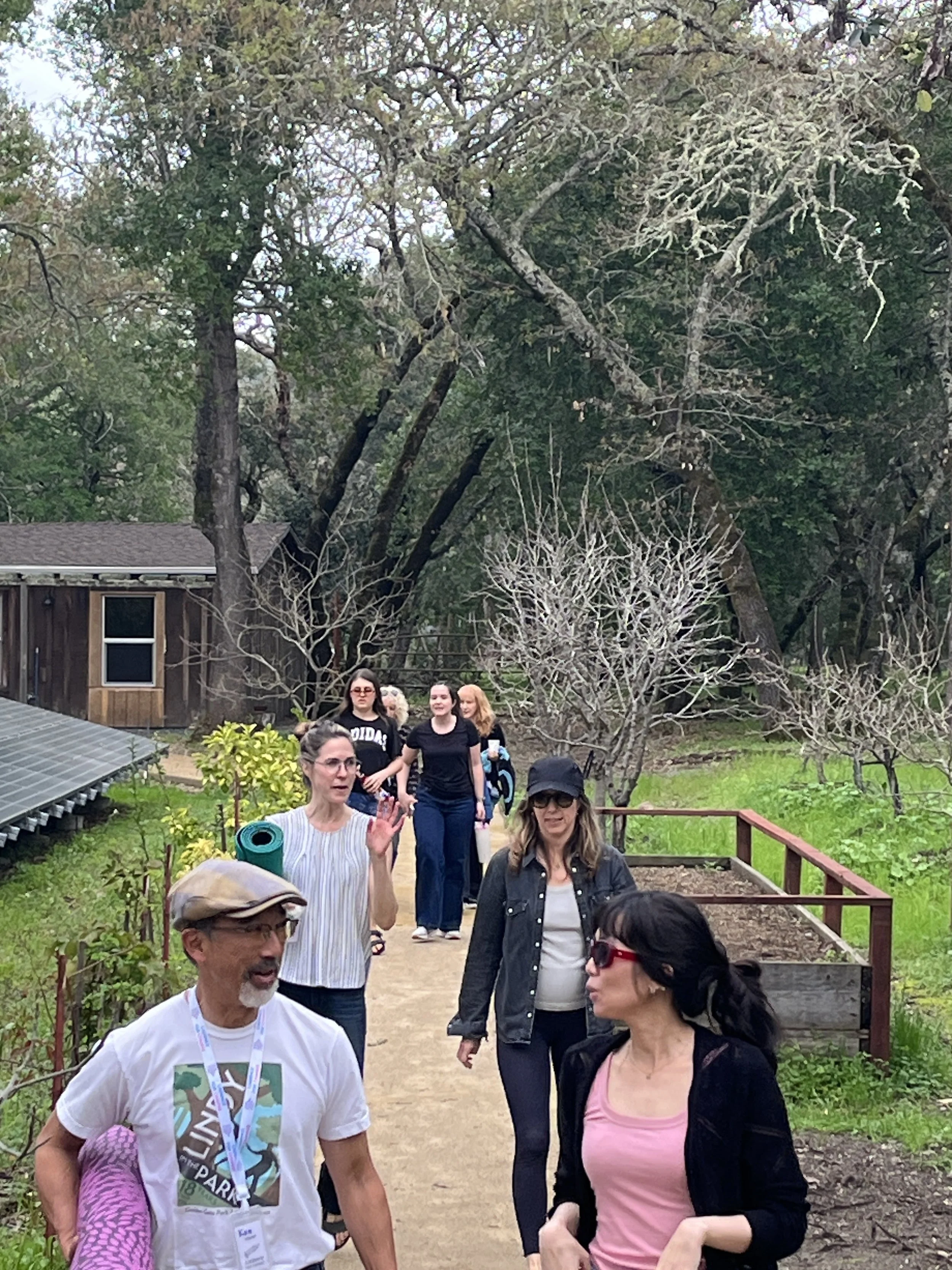Cadence for Change members walking outdoors in a garden or park with trees, bushes, and a small building in the background.