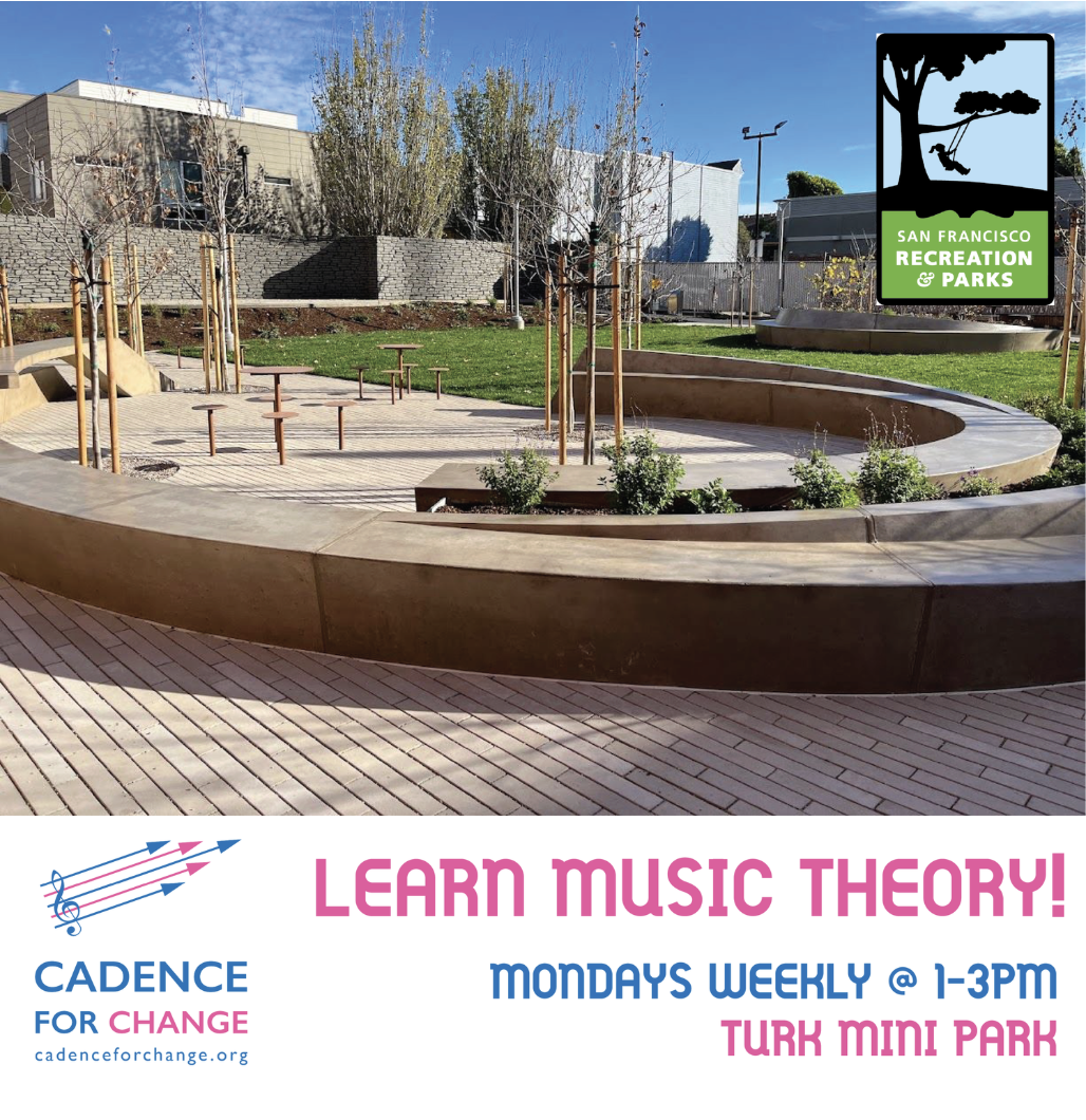 A small playground in Turk Mini Park with a circular concrete seating area, young trees with wooden supports, and a grassy area with small shrubs. There is a sign from San Francisco Recreation & Parks for music theory classes by Cadence for Change.