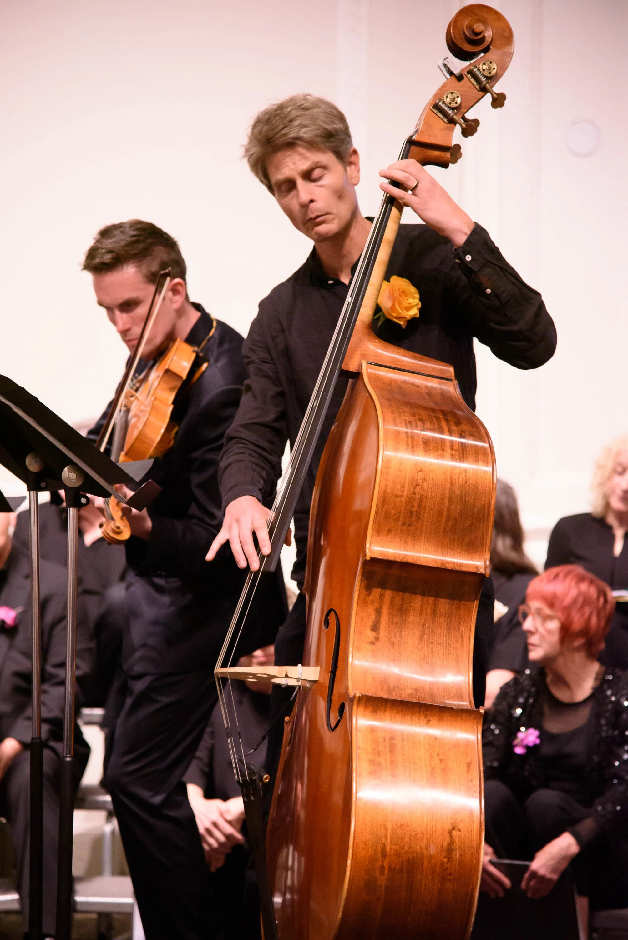 Cadence for Change musicians performing, one playing a violin and the other playing a double bass, with an audience in the background.