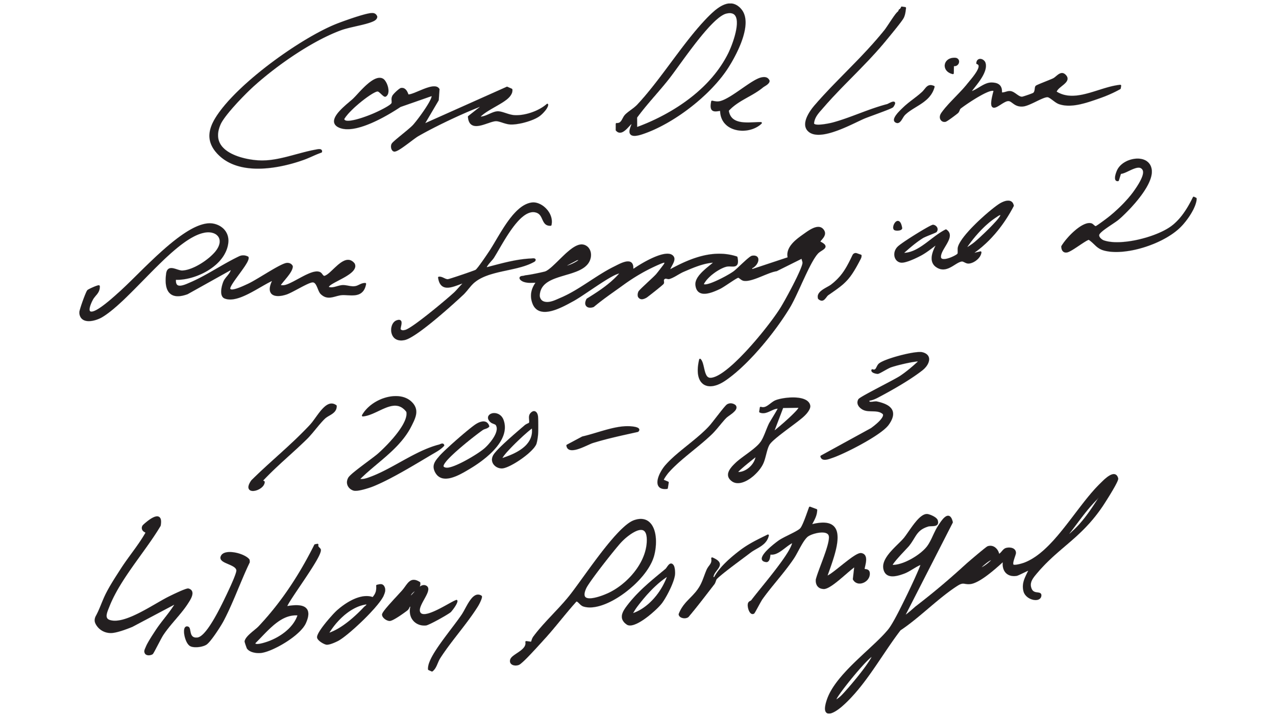Handwritten note with the text: "Casa De Lima Rua Ferragial 2 1200-183 Lisboa, Portugal"