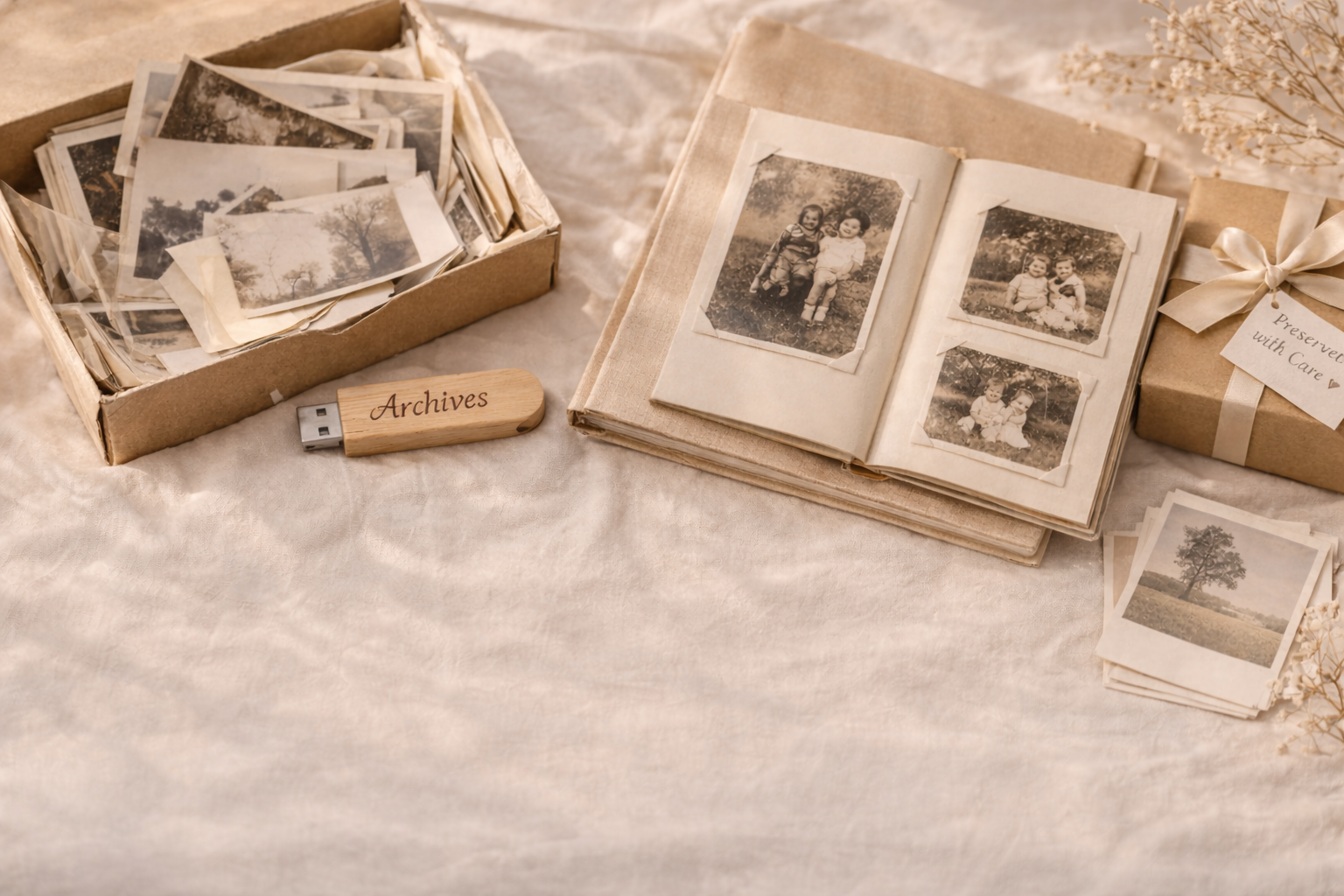 Old black and white photographs and albums, with a box labeled 'Archives' and a small USB drive, arranged on a cream-colored fabric surface. A wrapped gift with a tag reads 'Preserved with Care'.