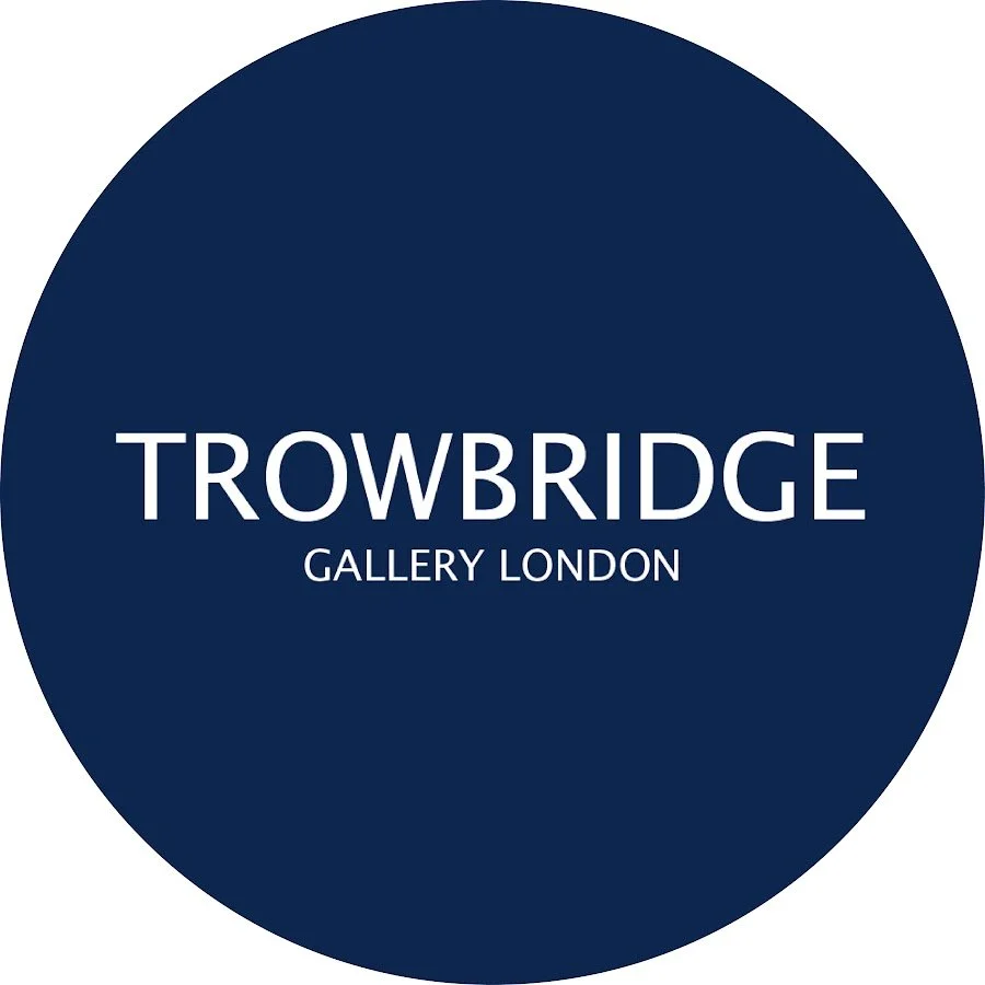 Logo of Trowbridge Gallery London on a dark blue circular background.