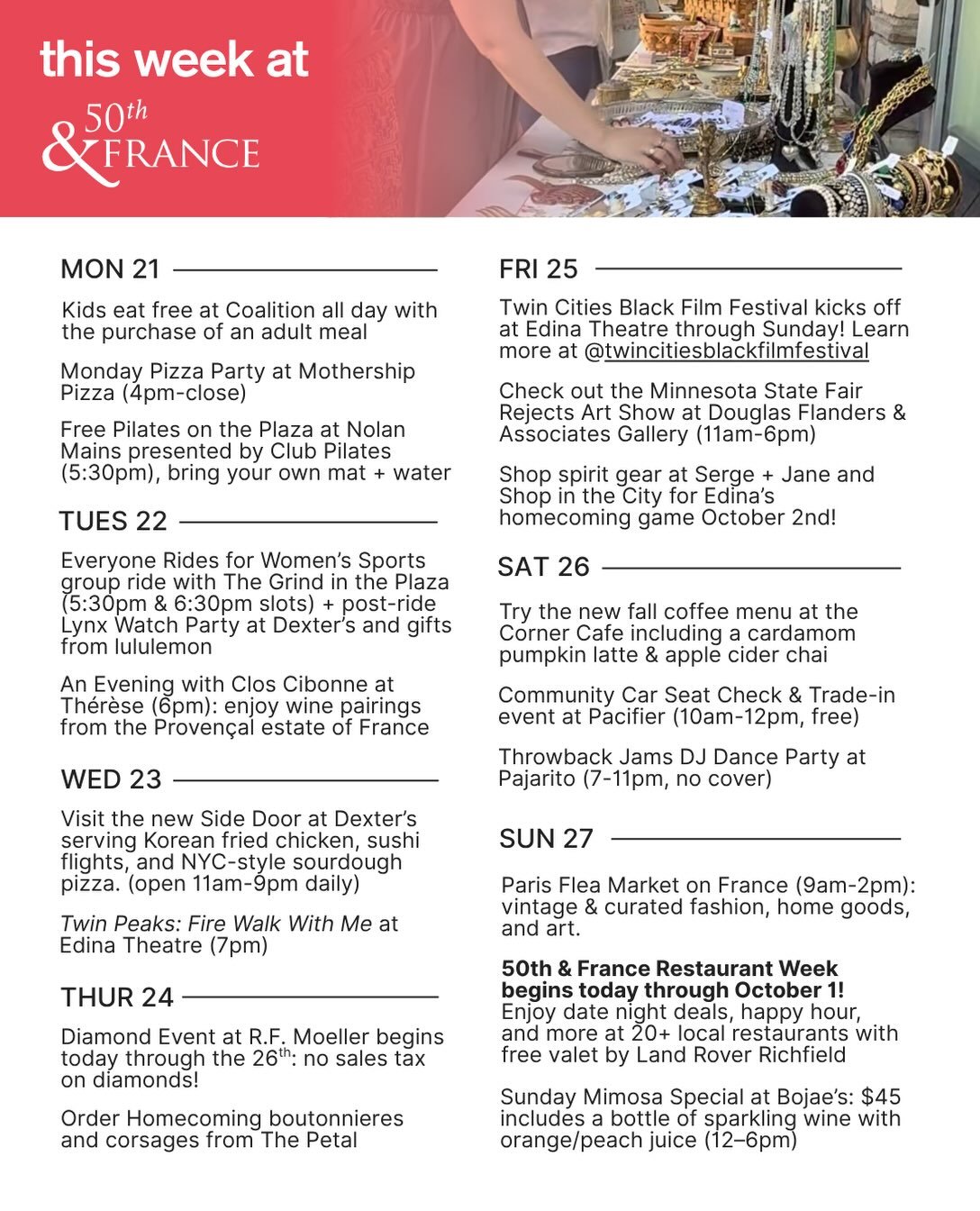 Happy 21st night of September 🕺🪩 see you at 50th &amp; France this week! 

Don&rsquo;t miss the 
👉 @twincitiesblackfilmfestival at @edinatheatre 🎥🍿
👉 Paris Flea Market organized by @june_resale along France Ave 🇫🇷
👉 50th &amp; France Fall Re