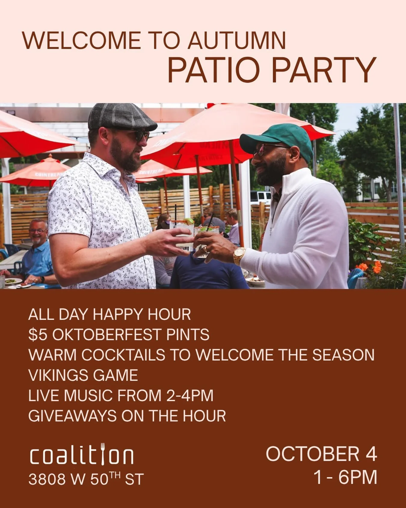🍂🍻Send off summer and welcome sweater weather at @coalition50th on Sunday, October 4 from 1&ndash;6 PM for the annual Autumn Patio Party! Gather your crew for:

🍺 $5 Oktoberfest pints
🥂 All-day happy hour
🍹 Warm cocktails for the season
🎶 Free 