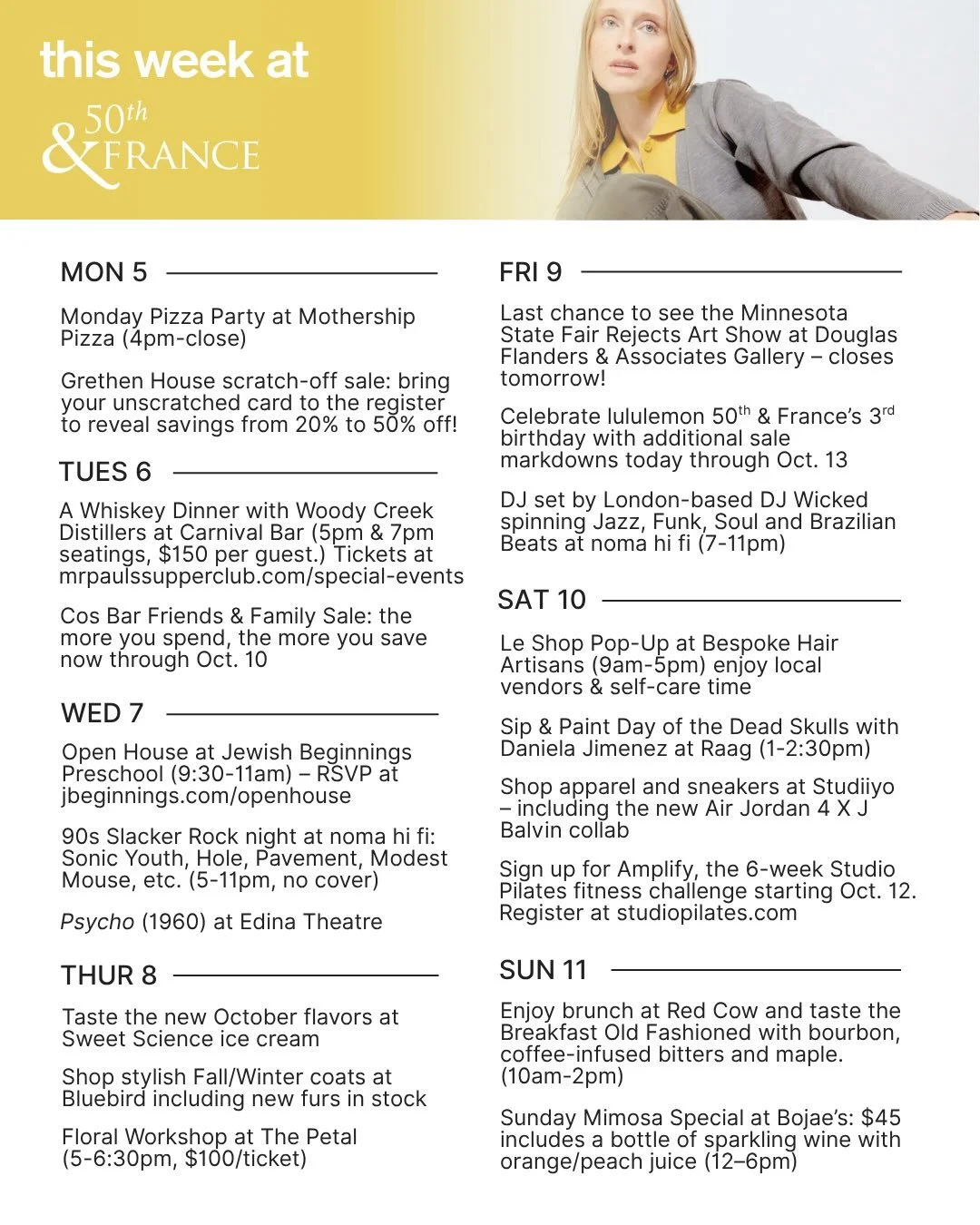 Looking for things to do this week at 50th &amp; France? So many fun events happening in October &mdash; swipe for more info! 

We can&rsquo;t wait to see you soon. Thank you for supporting local businesses. ❤️