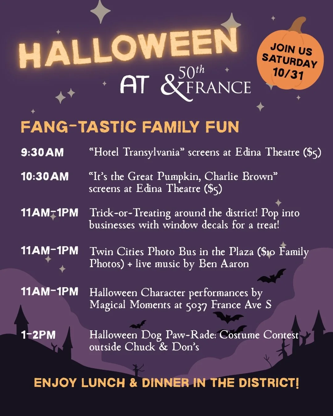 Halloween at 50th &amp; France is the place to be! 

We&rsquo;ve got a cauldron full of spooky-fun events for the whole family, with fun for little monsters and grown-up ghouls alike! 🦇🕸️🧟&zwj;♂️

Click the link in our bio to RSVP and join the Hal