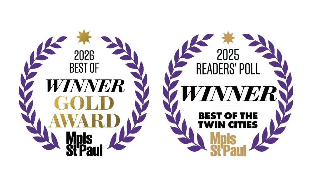 Two award badges with purple laurel wreaths and gold stars, one labeled 'GOLD AWARD' and the other 'WINNER' for the '2025 READERS' POLL', both for 'Mpls St Paul'.