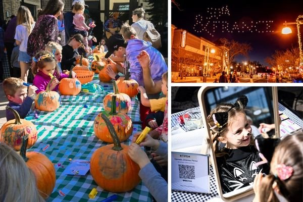 Kids carving pumpkins at a fall festival, lit-up street with holiday decorations at night, and a girl sitting in a car and taking a selfie with another girl.